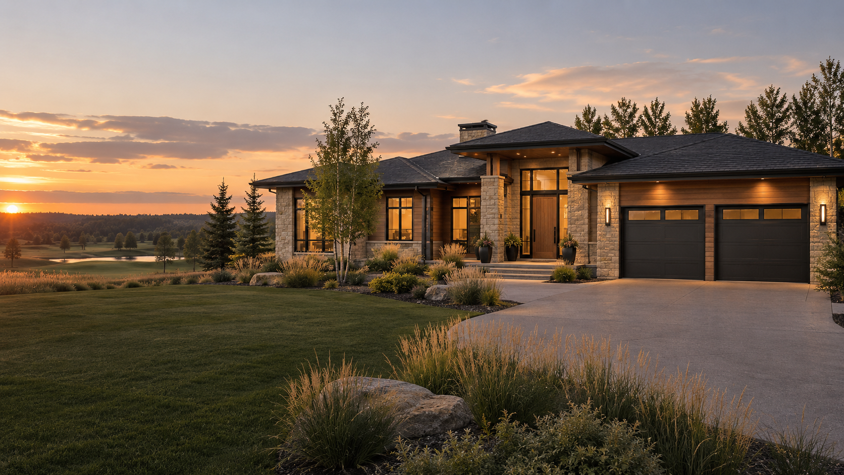 Design inspiration showing a warm modern prairie bungalow at sunset